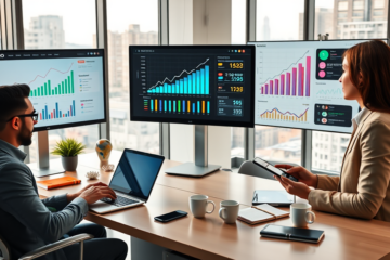 Profesionales trabajando en servicios SEO para aumentar visitas y mejorar eCPM en oficina moderna con pantallas y gráficos digitales