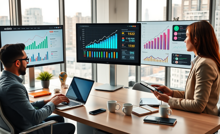 Profesionales trabajando en servicios SEO para aumentar visitas y mejorar eCPM en oficina moderna con pantallas y gráficos digitales