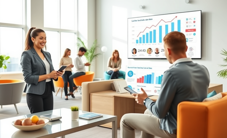 Espacio de oficina moderno con profesionales usando redes sociales para promocionar su empresa y aumentar ventas