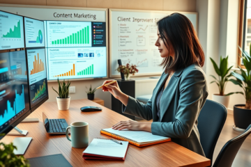Profesional en oficina moderna trabajando en marketing de contenido para atraer clientes con gráficos de SEO y eCPM en pantallas digitales