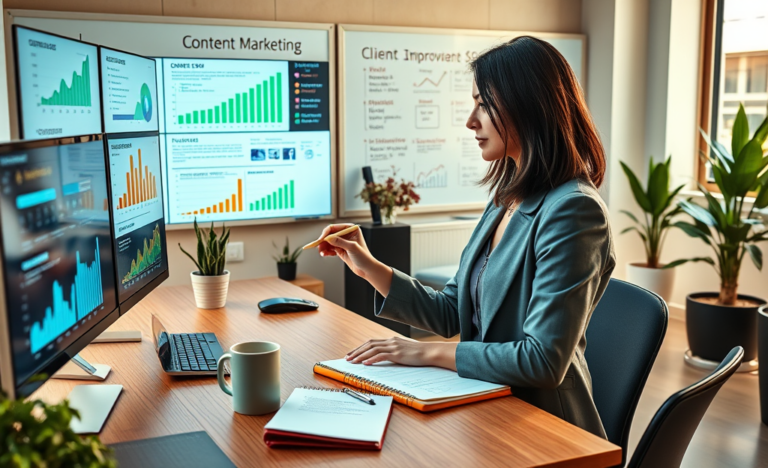 Profesional en oficina moderna trabajando en marketing de contenido para atraer clientes con gráficos de SEO y eCPM en pantallas digitales