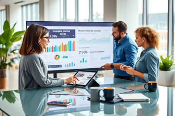 Equipo de marketing digital mide campañas y analiza gráficos para mejorar el ROI en una oficina moderna y luminosa