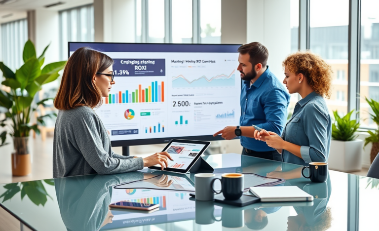Equipo de marketing digital mide campañas y analiza gráficos para mejorar el ROI en una oficina moderna y luminosa