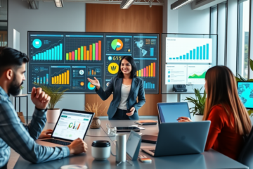 Equipo profesional en oficina moderna realizando marketing digital para negocios con gráficos y análisis en pantalla digital