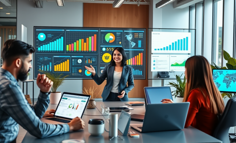 Equipo profesional en oficina moderna realizando marketing digital para negocios con gráficos y análisis en pantalla digital