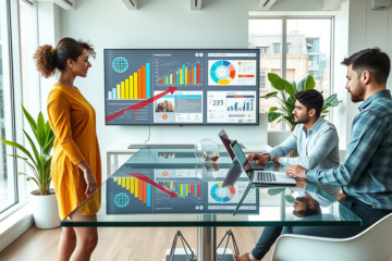 Equipo colaborando en oficina moderna con gráficos digitales, trabajando en estrategias de marketing para mejorar el alcance