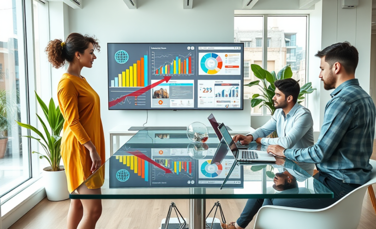 Equipo colaborando en oficina moderna con gráficos digitales, trabajando en estrategias de marketing para mejorar el alcance