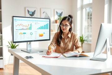 Joven profesional en una oficina moderna y luminosa analizando datos de marketing digital en dual monitors para una guía de marketing digital para principiantes