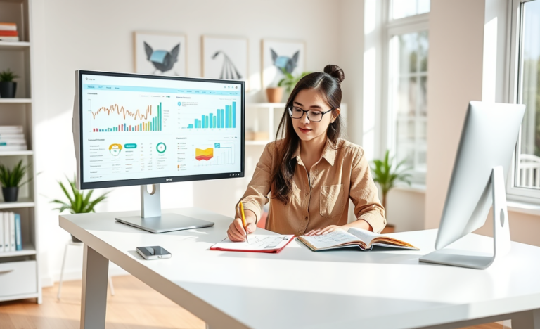 Joven profesional en una oficina moderna y luminosa analizando datos de marketing digital en dual monitors para una guía de marketing digital para principiantes
