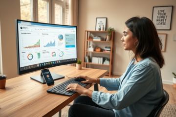 Mujer joven en oficina casera usando computadora para curso de marketing digital principiantes generando resultados