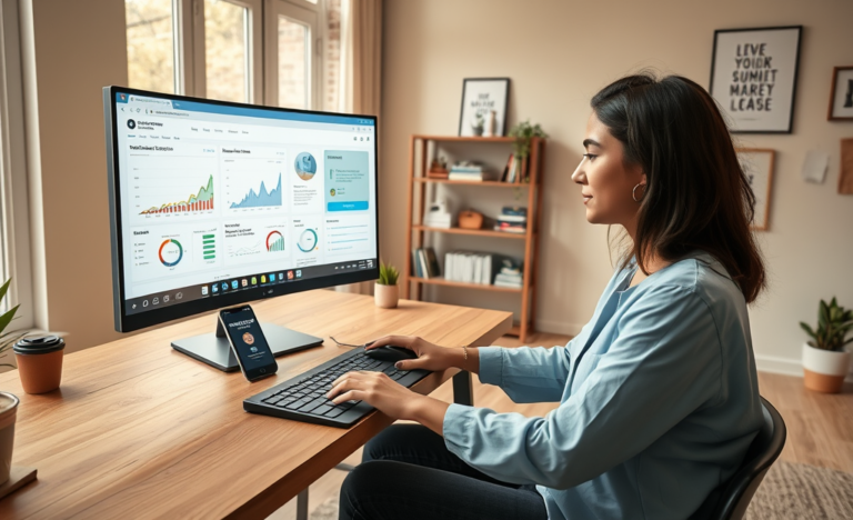 Mujer joven en oficina casera usando computadora para curso de marketing digital principiantes generando resultados