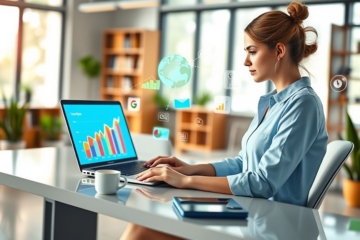 Profesional trabajando en marketing digital para SEO con gráficos de tráfico web y métricas eCPM en una oficina moderna y luminosa
