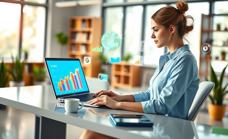 Profesional trabajando en marketing digital para SEO con gráficos de tráfico web y métricas eCPM en una oficina moderna y luminosa